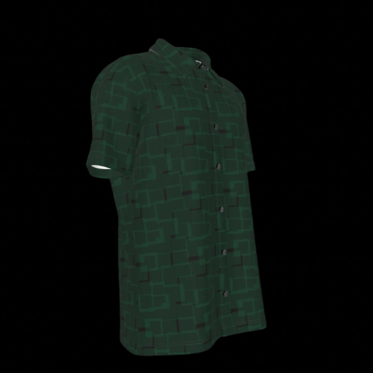 Right side of a green pattern button down short-sleeved shirt on a black background