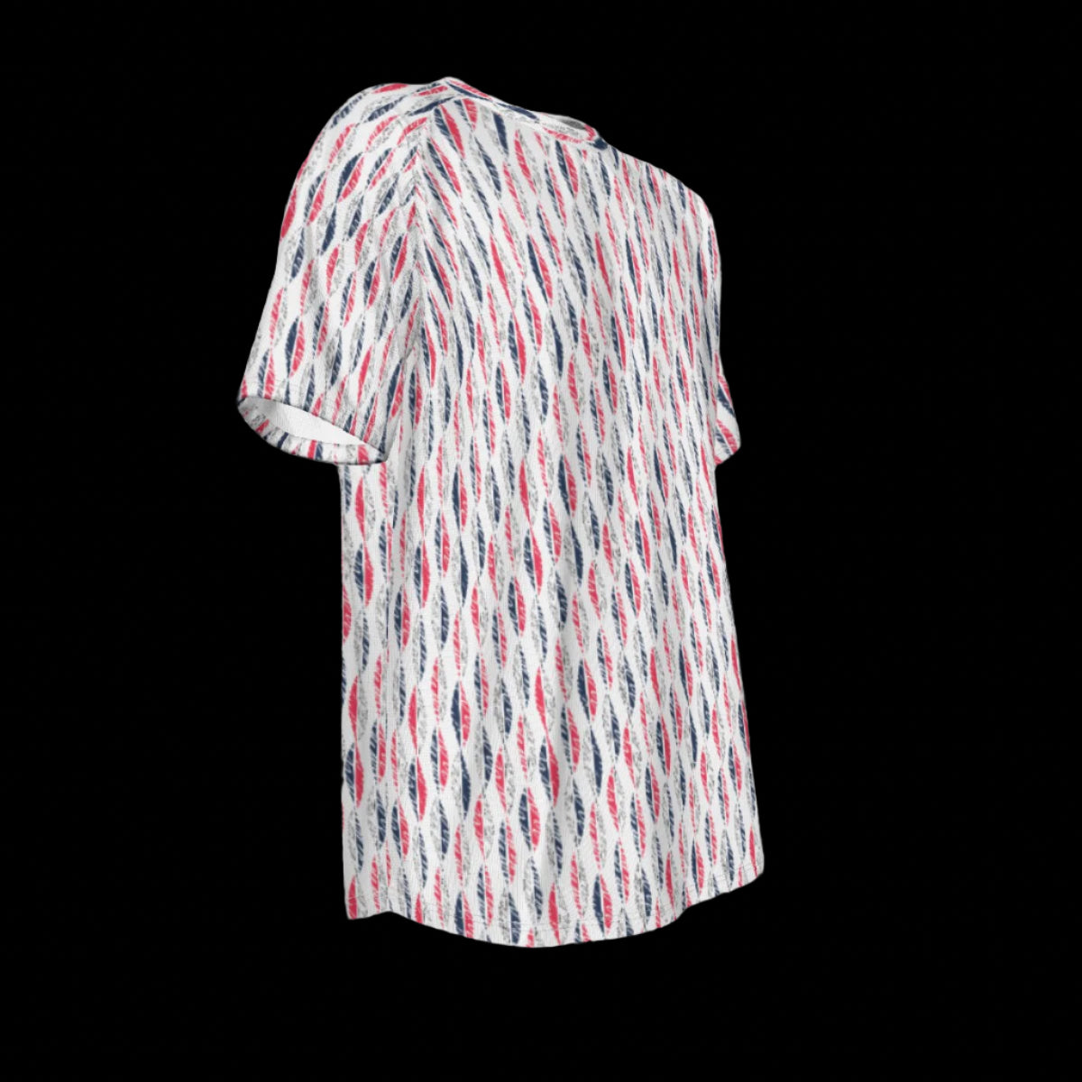 Right side of short-sleeve shirt with a colorful pattern on a black background