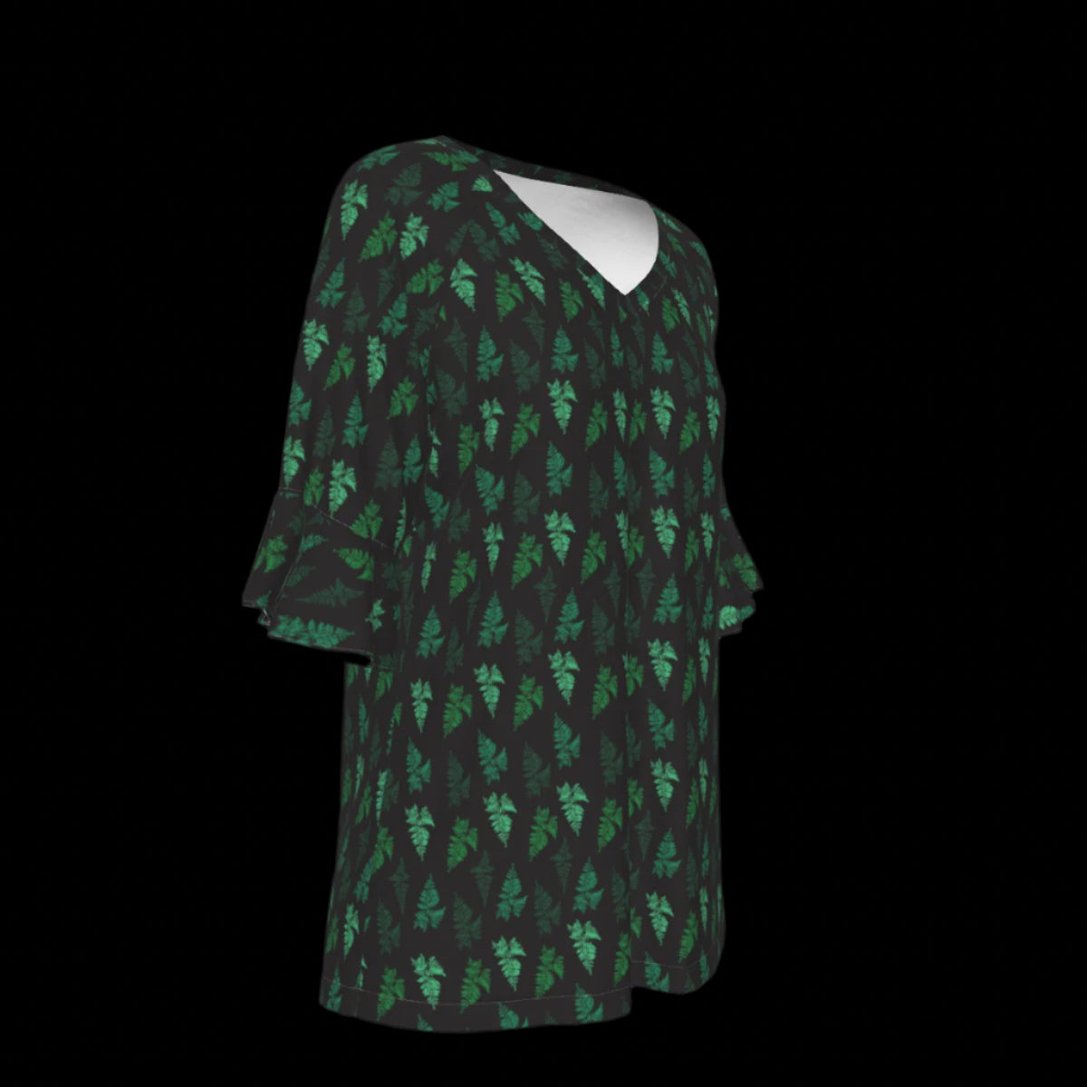 Right side of green leaf patterned blouse on a black background