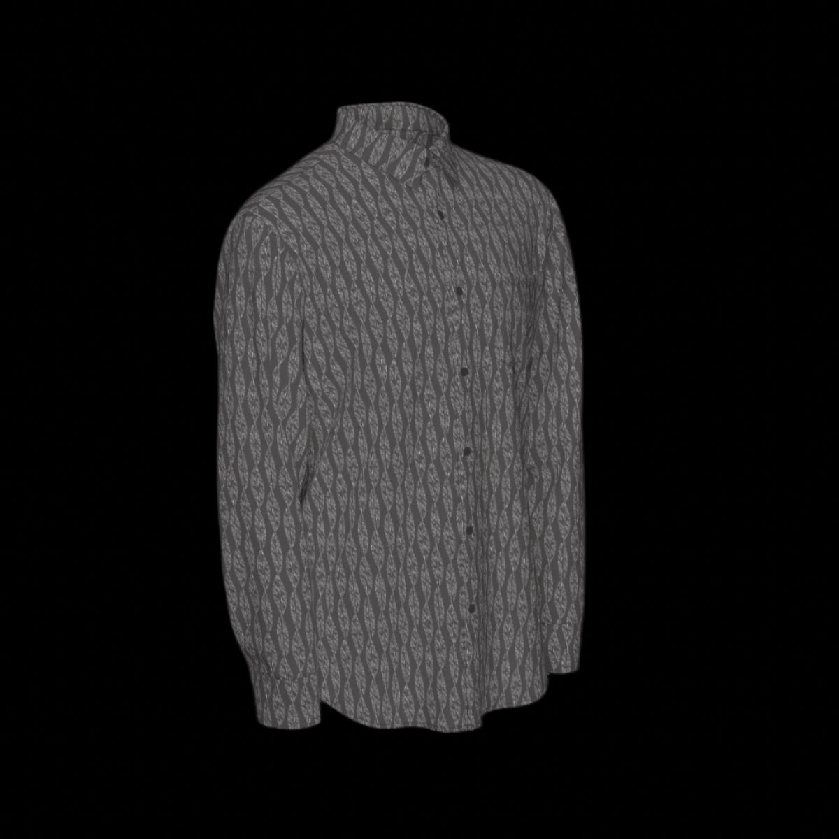 Right side of a long sleeve gray patterned shirt on a black background