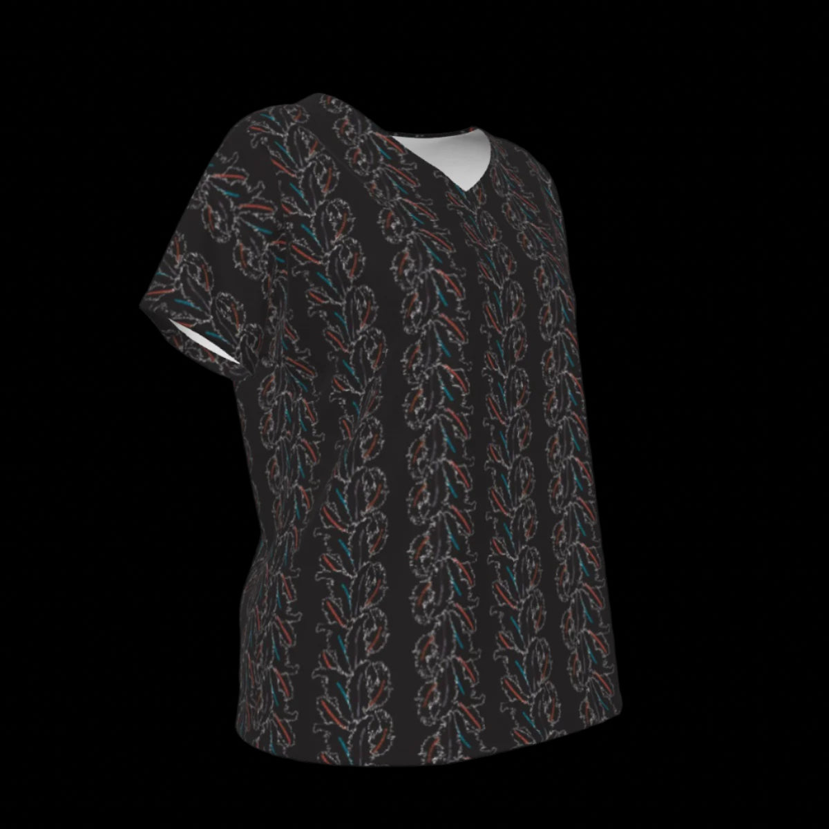 Right side of black patterned V-Neck T-shirt on a black background