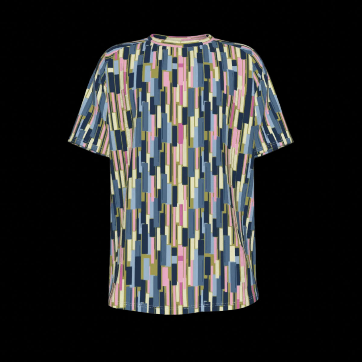 Front of colorful geometric patterned shirt on a black background