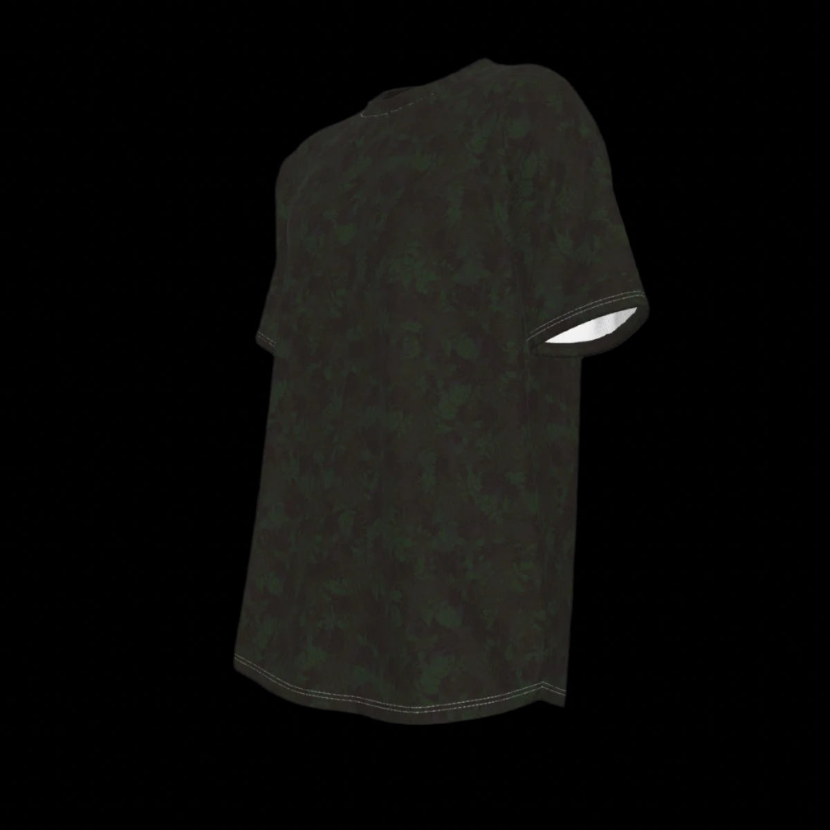 Left side of black t-shirt with a subtle pattern on a black background