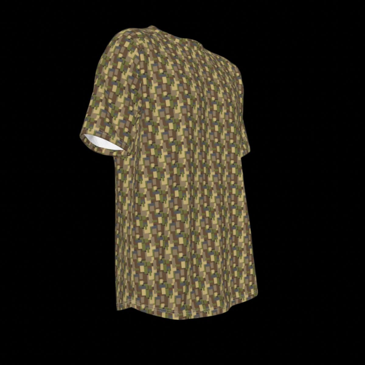 Right side of patterned shirt on a black background