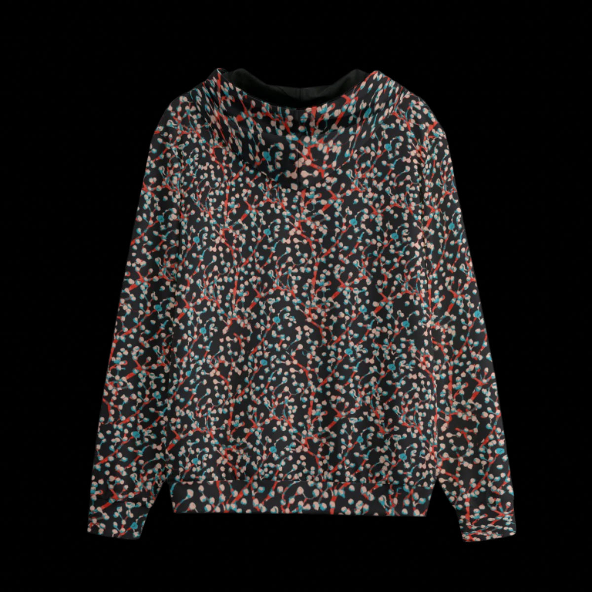 Back of Hoodie with a colorful abstract pattern on a black background