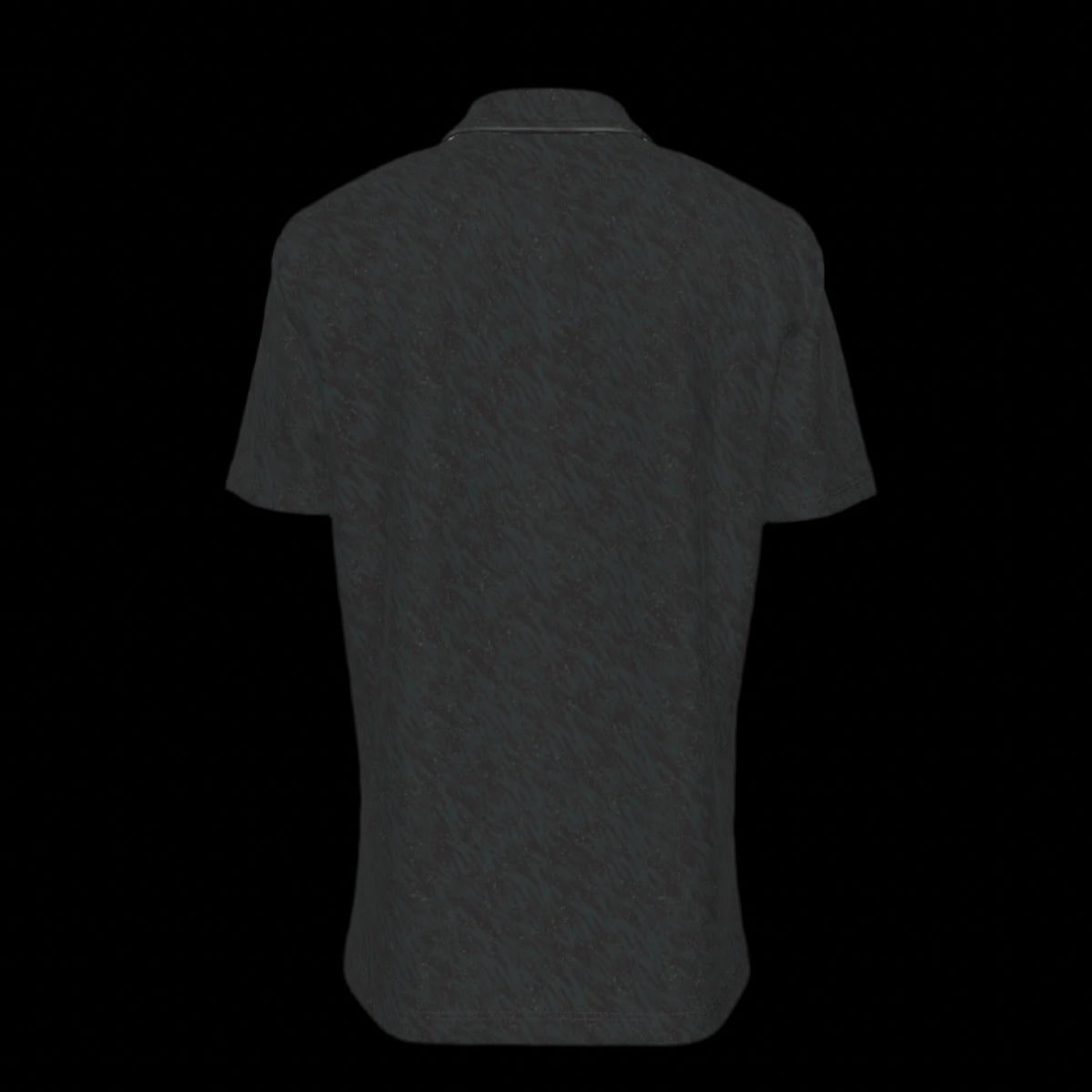 Back of a black button down short-sleeve shirt on a black background