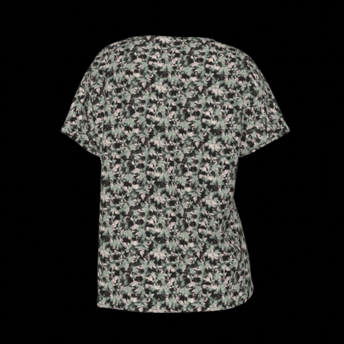 Back of floral patterned V-Neck T-shirt on a black background