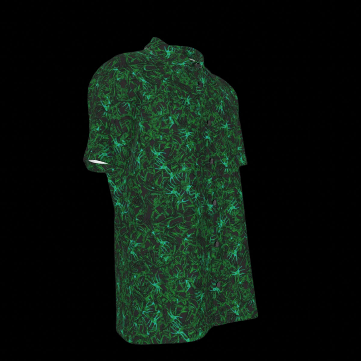 Right side of green patterned button down short sleeve shirt on a black background