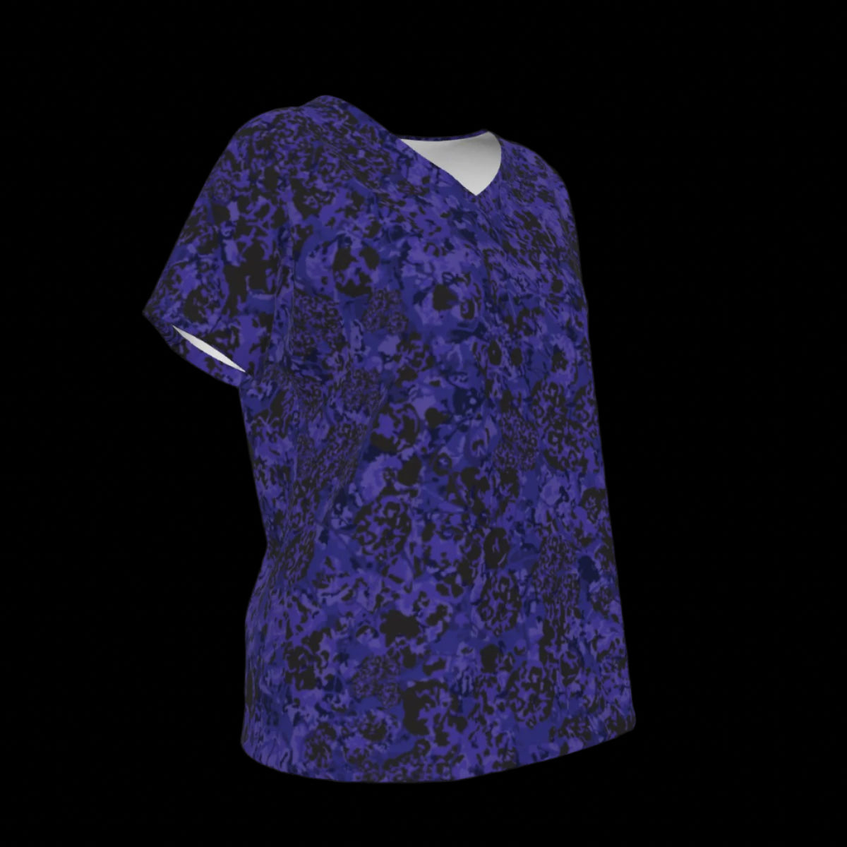 Right side of blue patterned V-Neck T-shirt on a black background