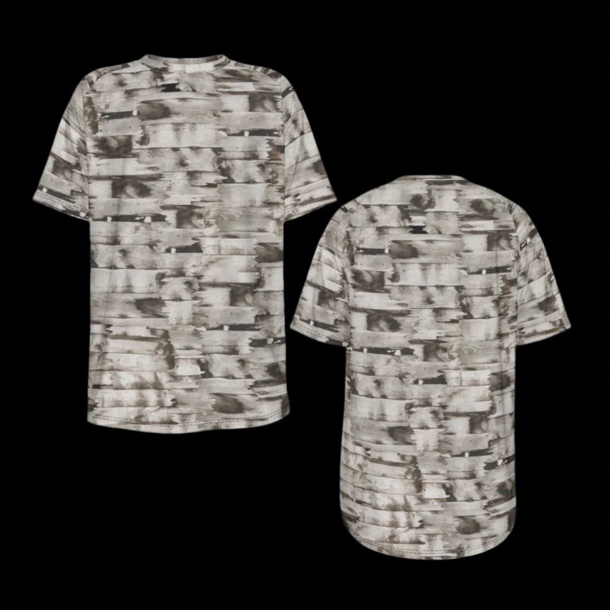 Front and back of T-shirt with abstract pattern on a black background