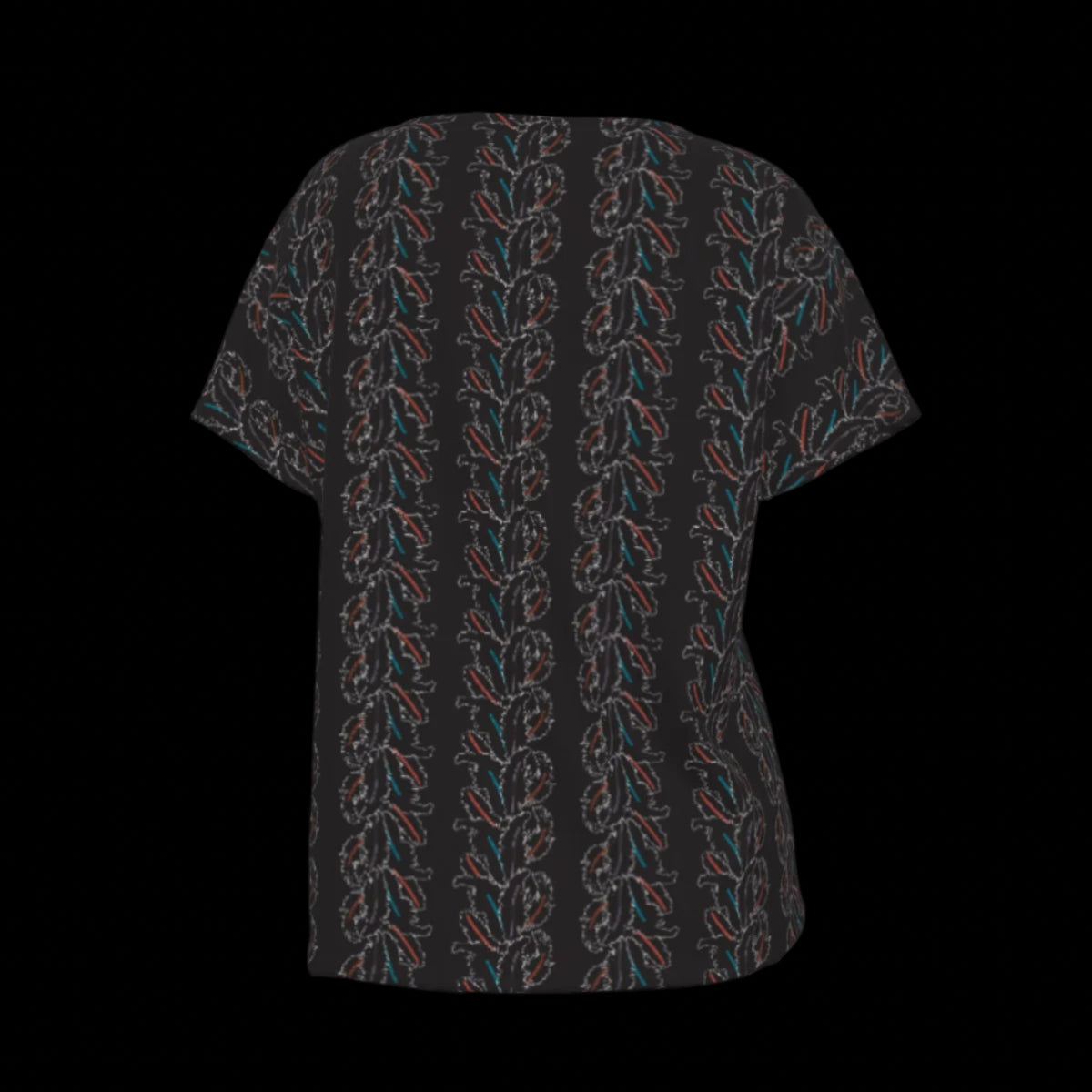 Back of black patterned V-Neck T-shirt on a black background