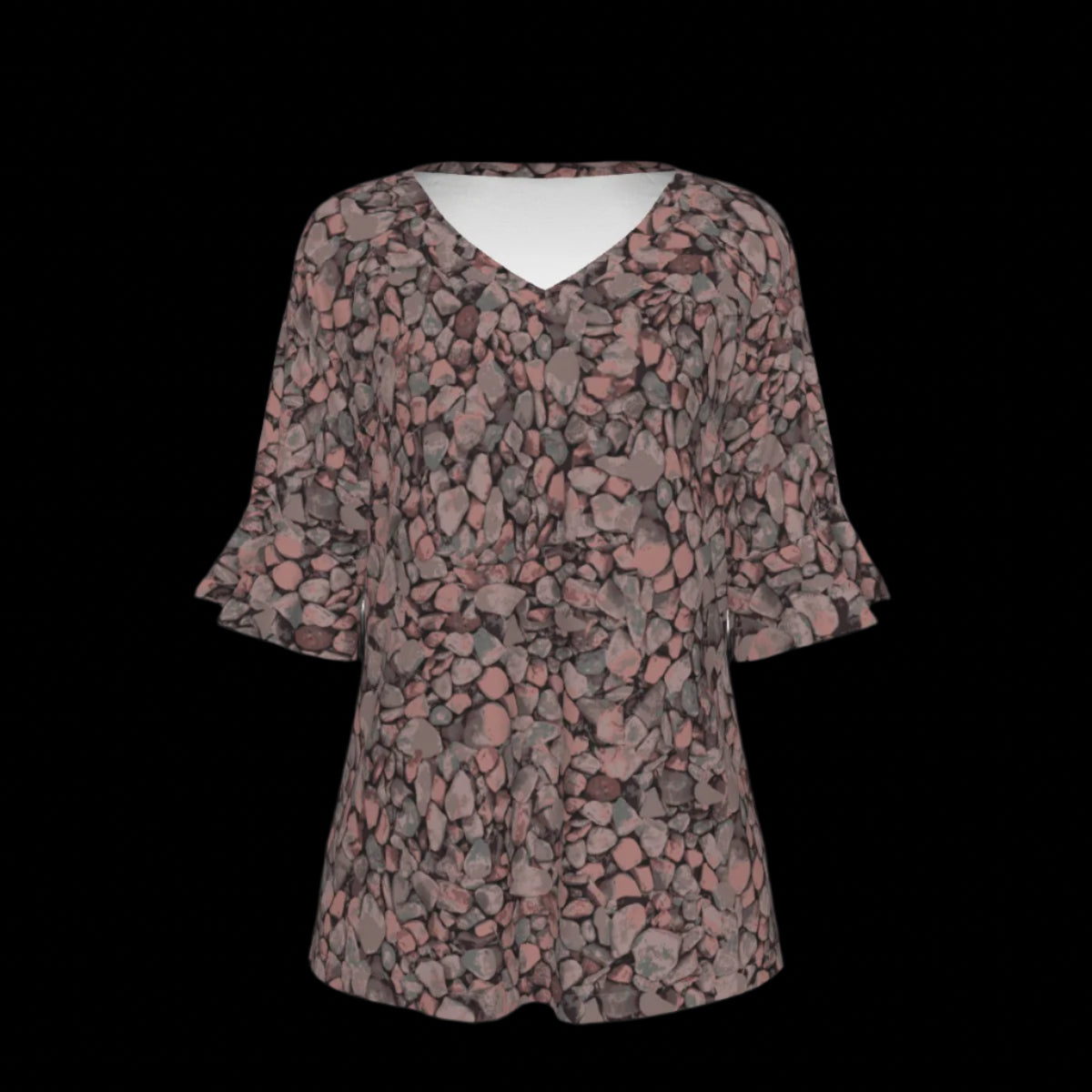 Front of floral patterned blouse on a black background