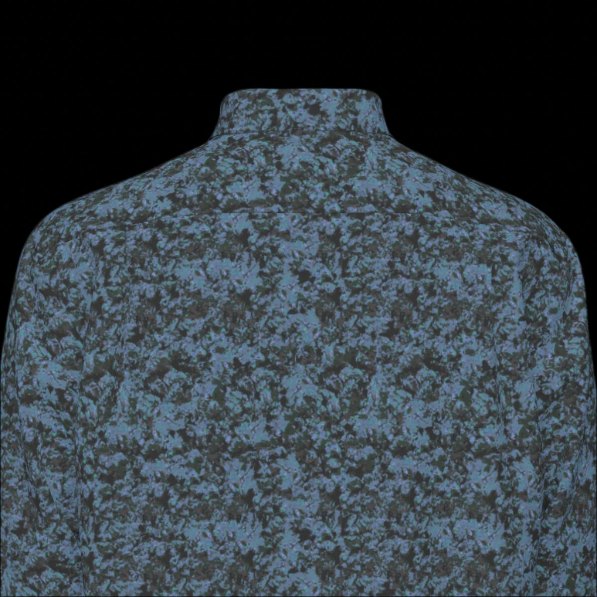 Top back of a blue camouflage long sleeve shirt on a black background