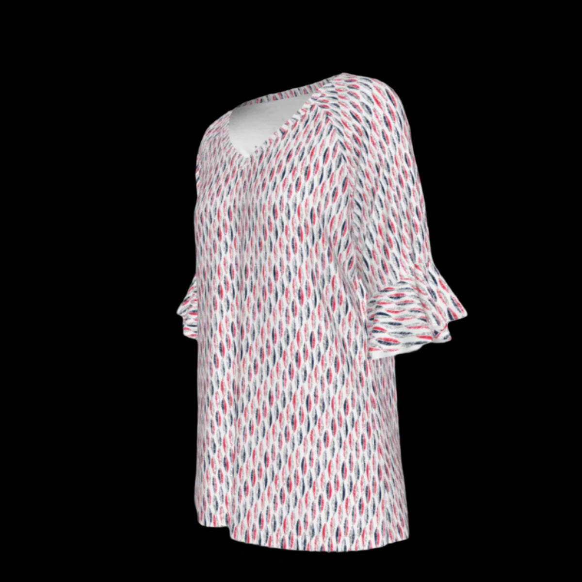 Left side of patterned blouse on a black background