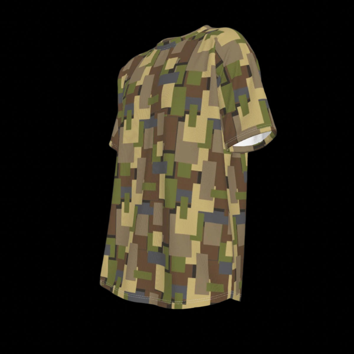 Left side of Camouflage patterned t-shirt on a black background