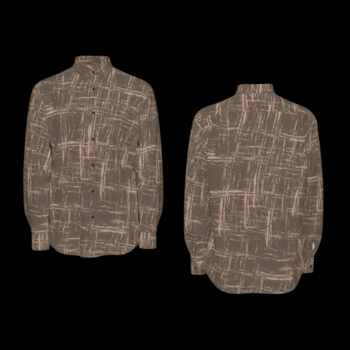 Front and back of brown patterned shirt shown from front and back on a black background