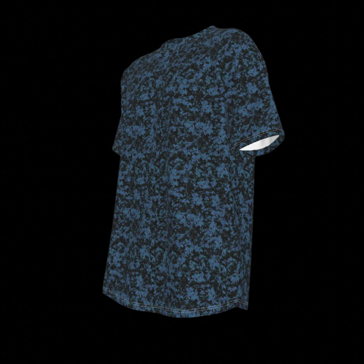 Left side of blue camouflage-patterned t-shirt on a black background
