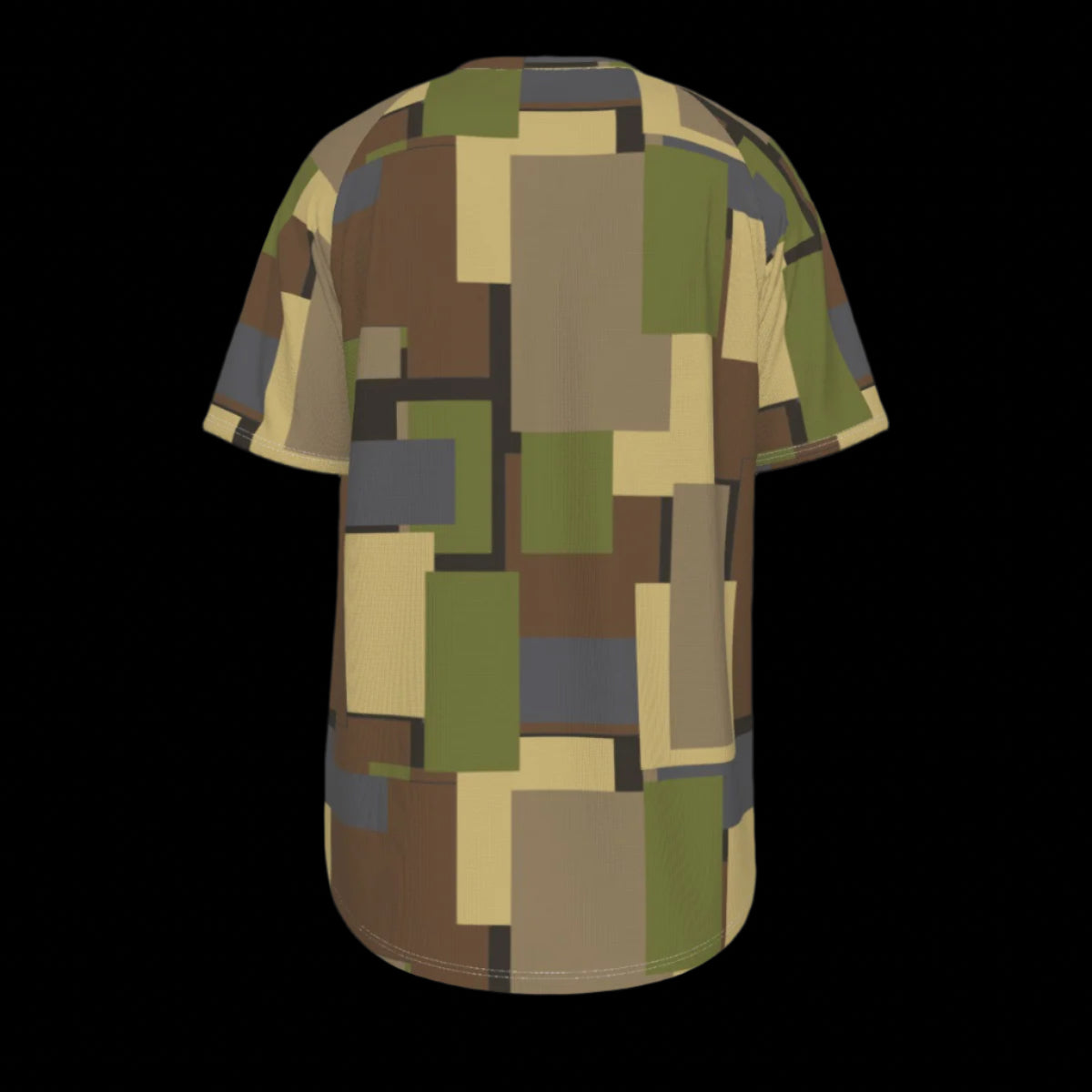 Back of T-shirt with a geometric pattern in brown, green, and beige on a black background
