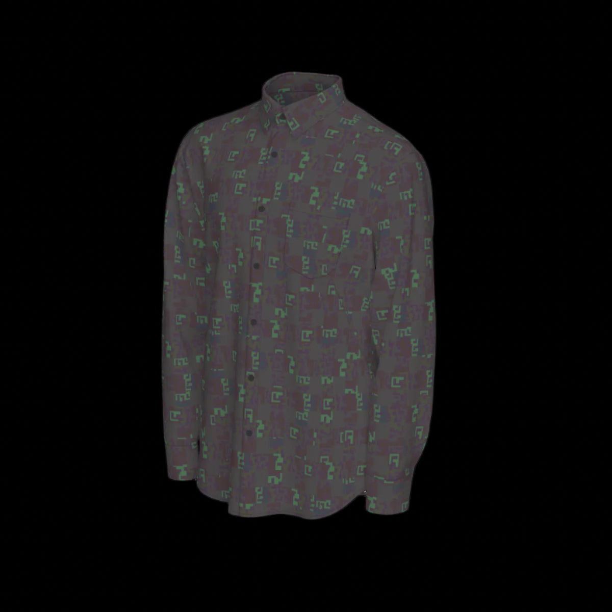 Left side of a dark patterned long sleeve shirt on a black background