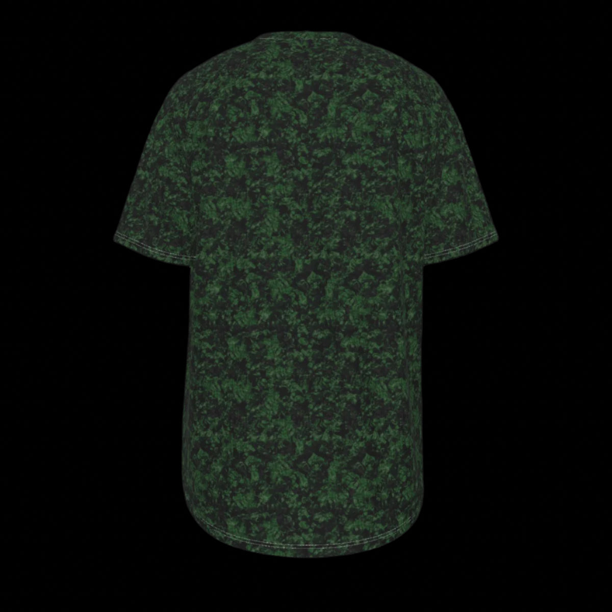 Back of green camouflage-patterned t-shirt on a black background