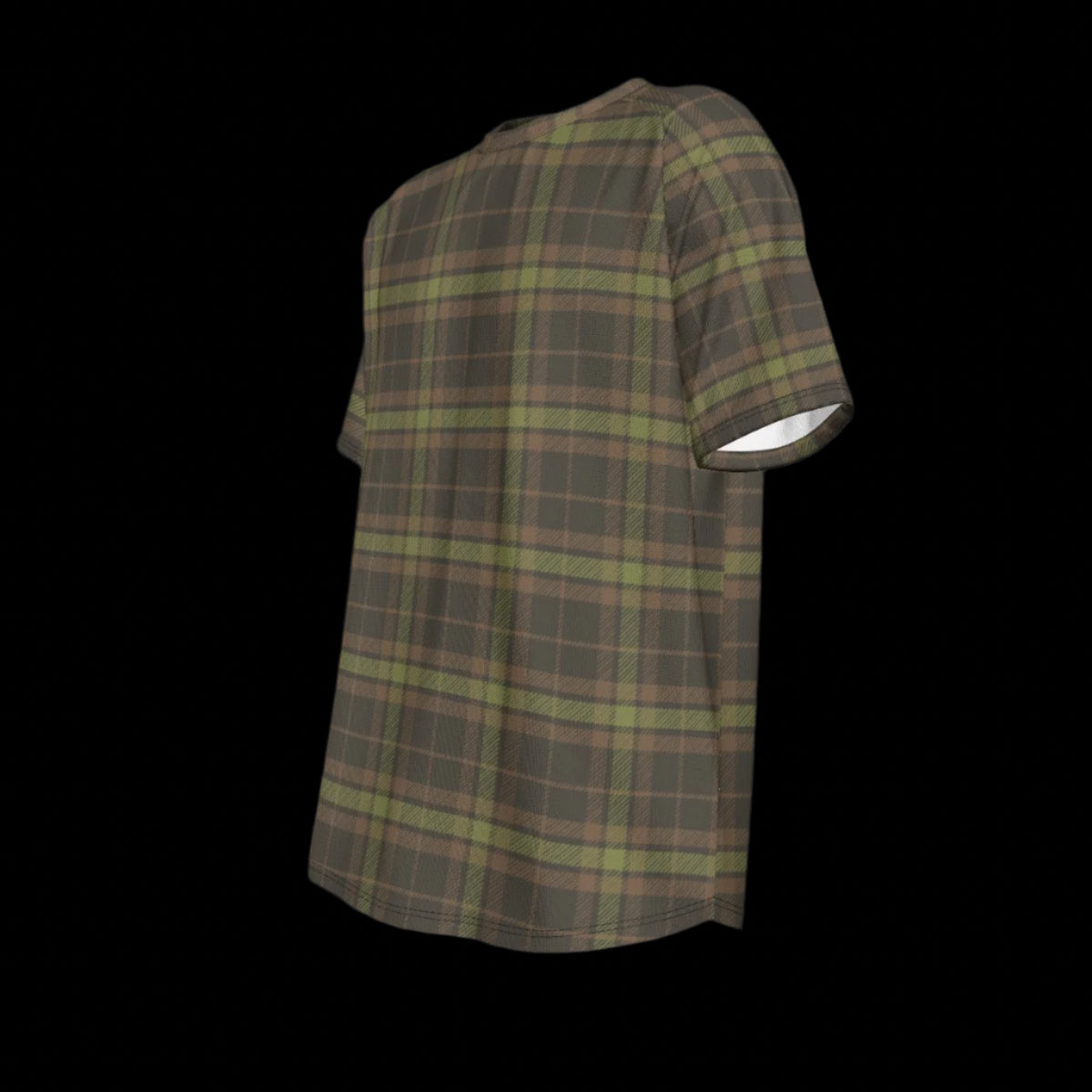 Left side of green and brown plaid t-shirt on a black background