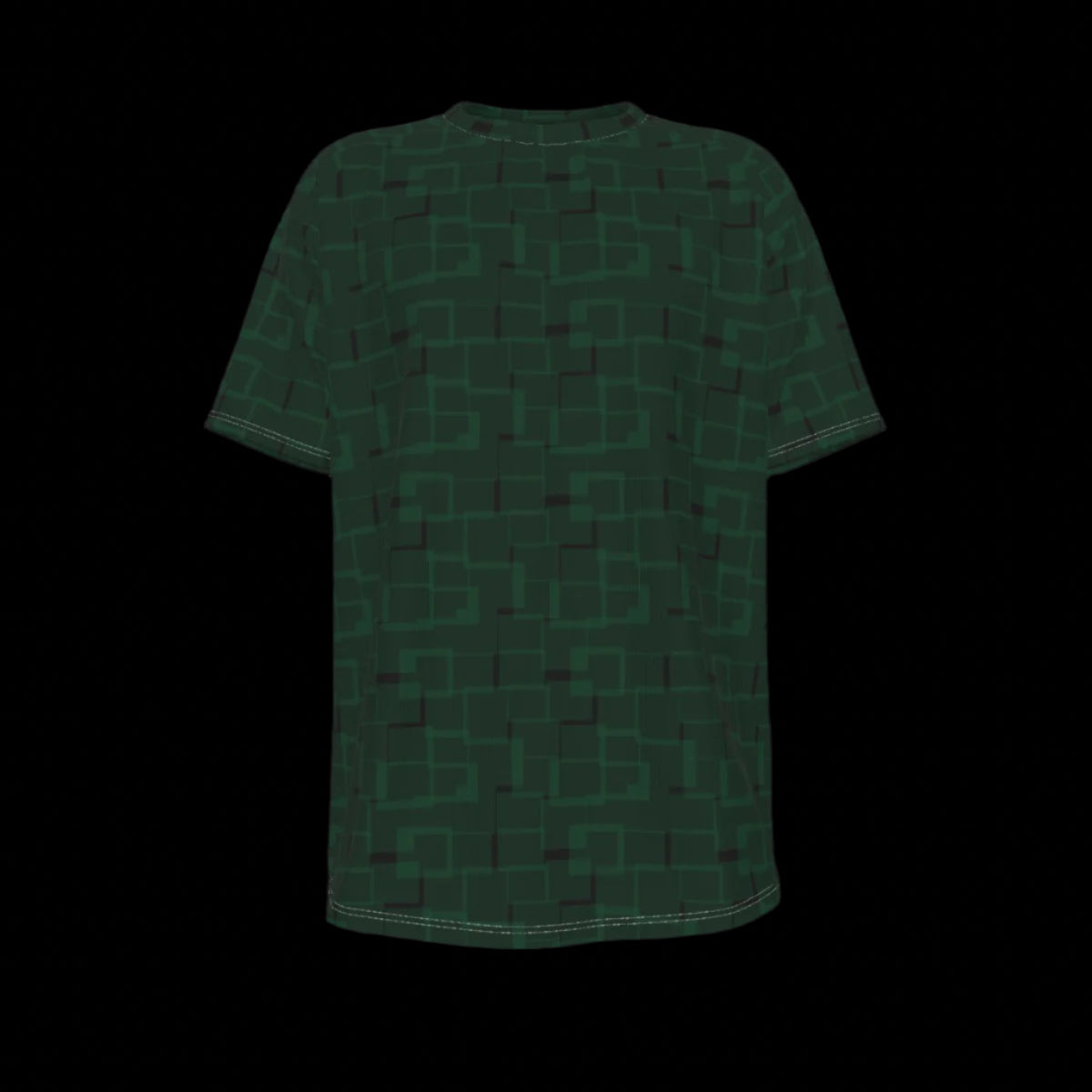 Front of green t-shirt with geometric pattern on a black background