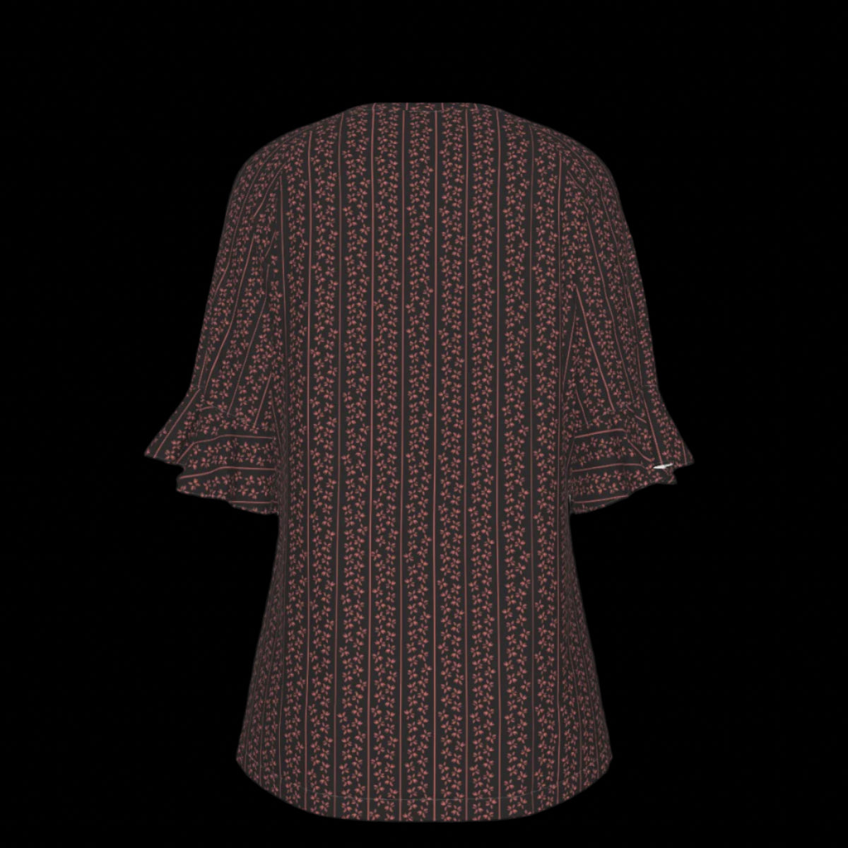 Back of green leaf patterned blouse on a black background