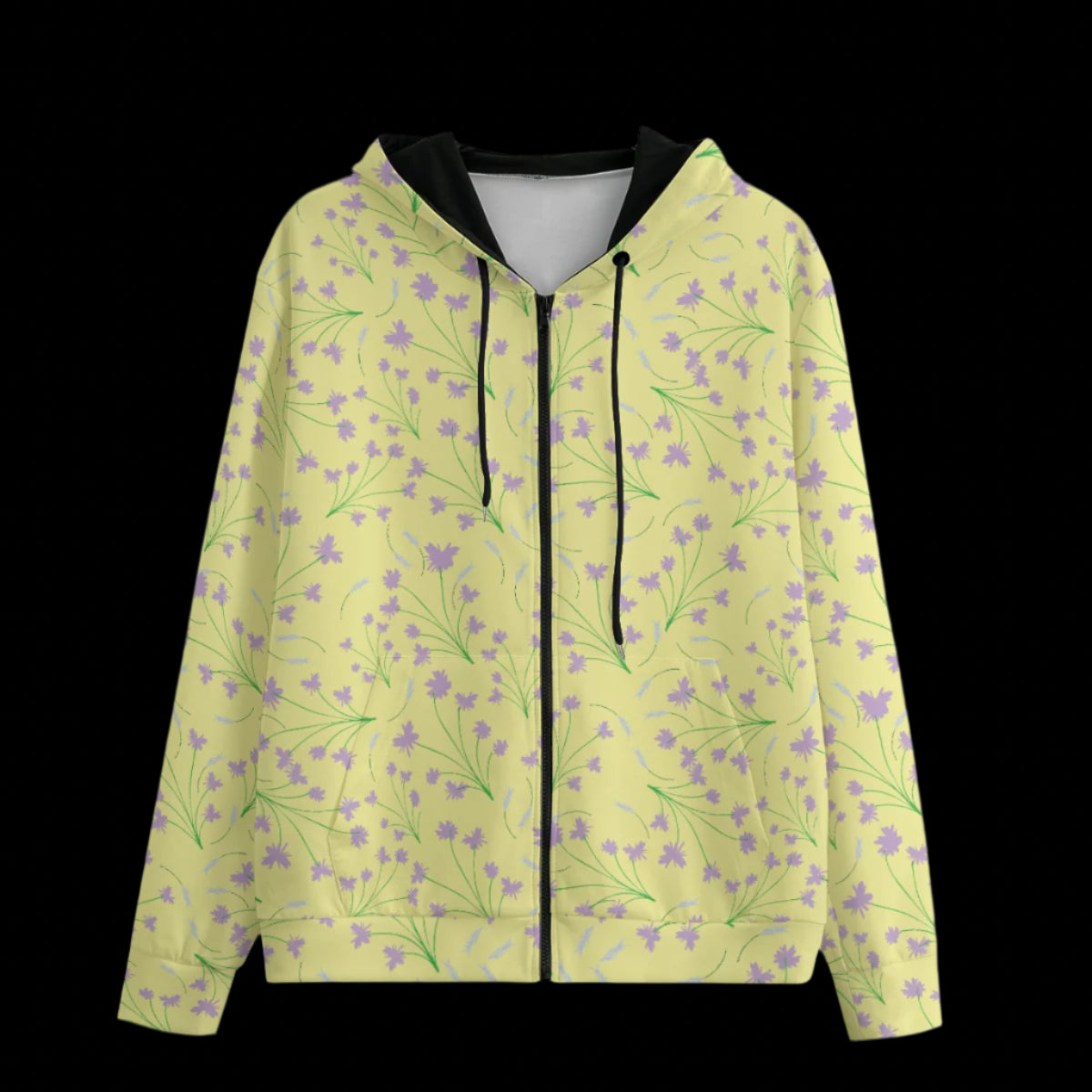 Front of yellow hoodie with floral pattern on a black background
