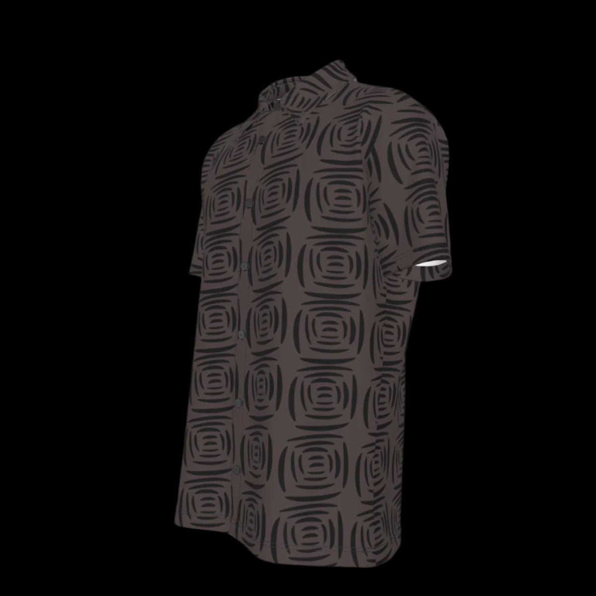 Left side of black patterned button-down shirt on a black background