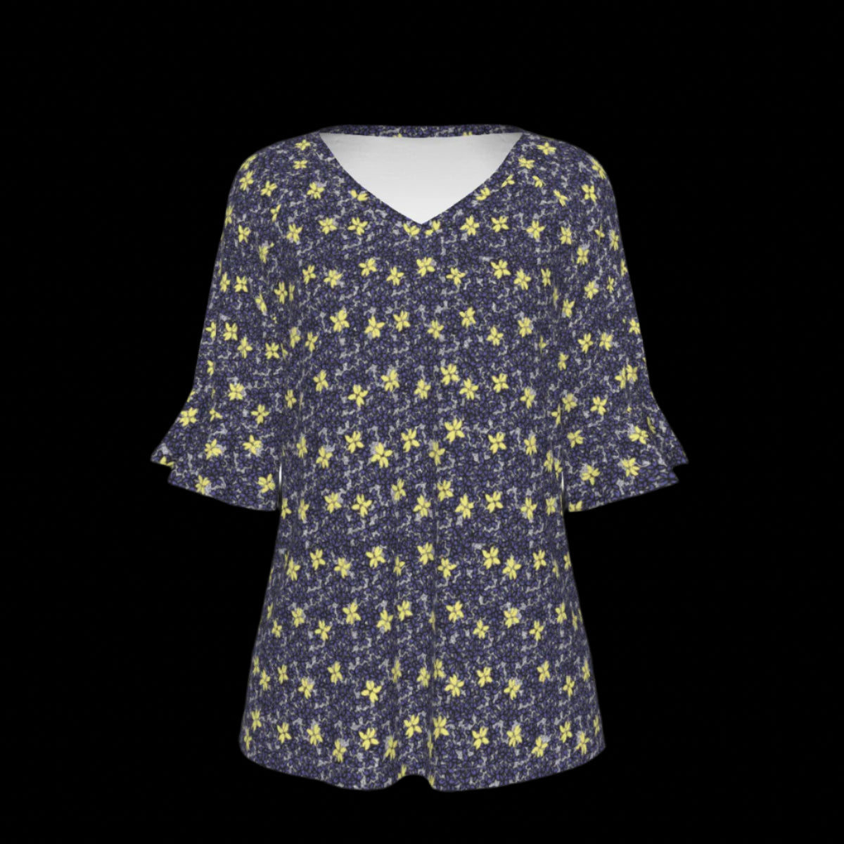 Front of navy blue blouse with yellow floral pattern on a black background