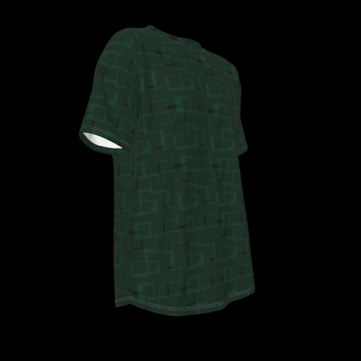 Right side of green t-shirt with geometric pattern on a black background