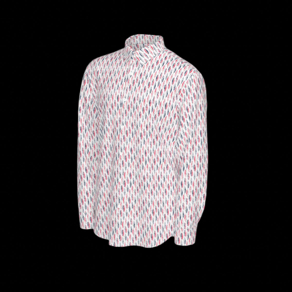 Left side of patterned long sleeve shirt on a black background