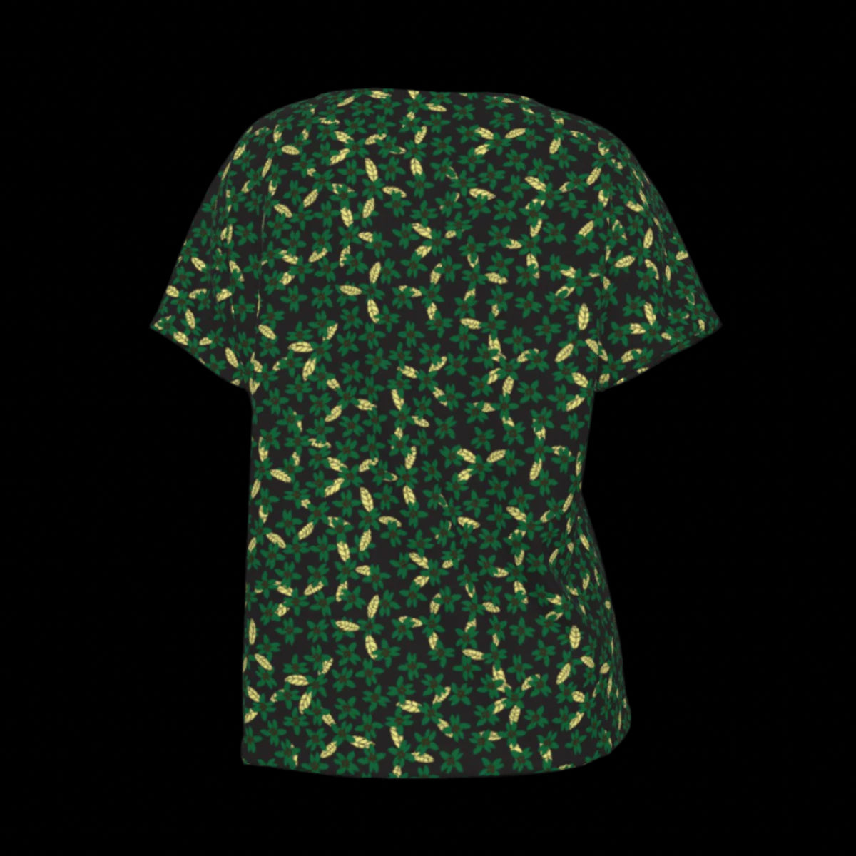 Back of green V-Neck t-shirt with small pattern on a black background