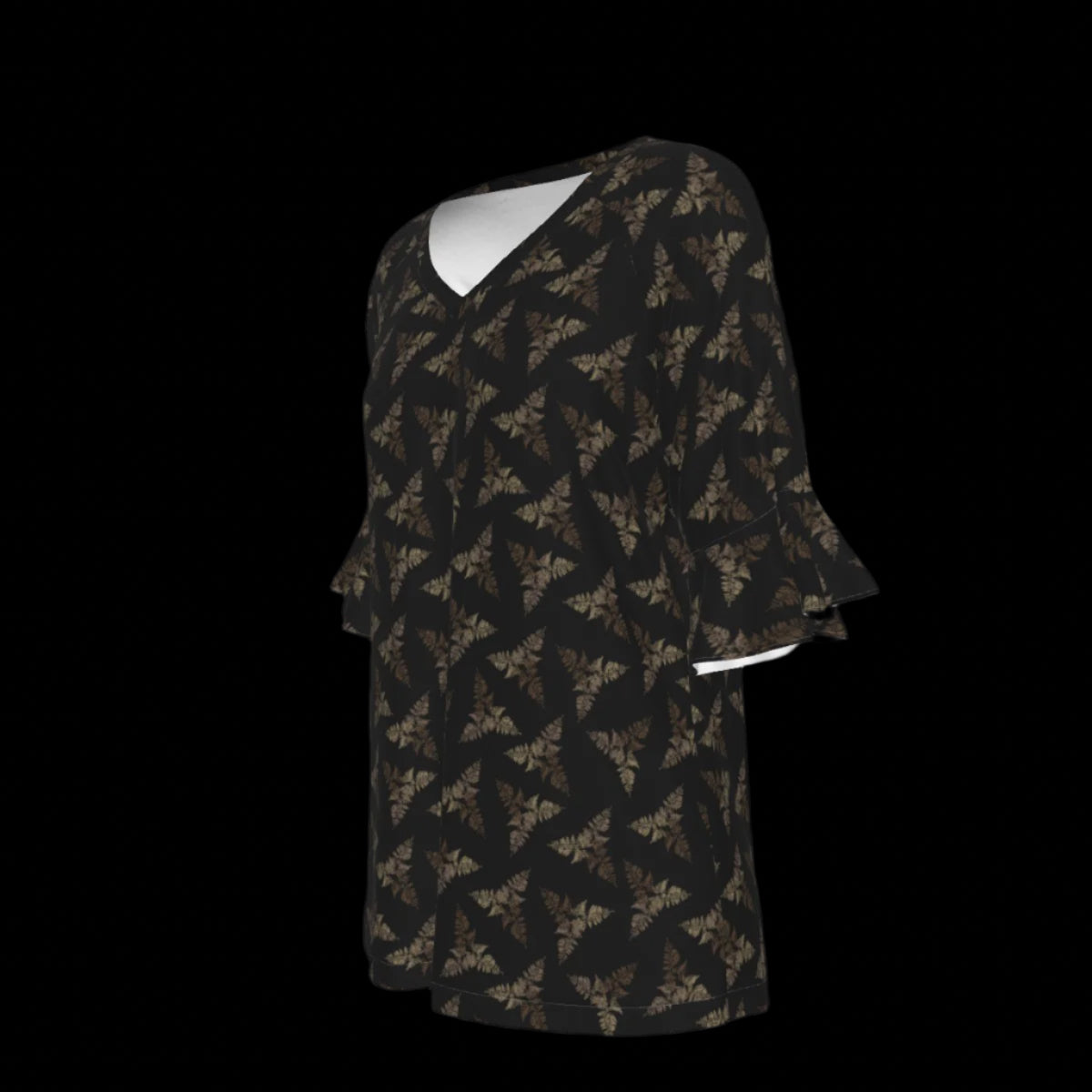 Left side of black floral patterned blouse on a black background
