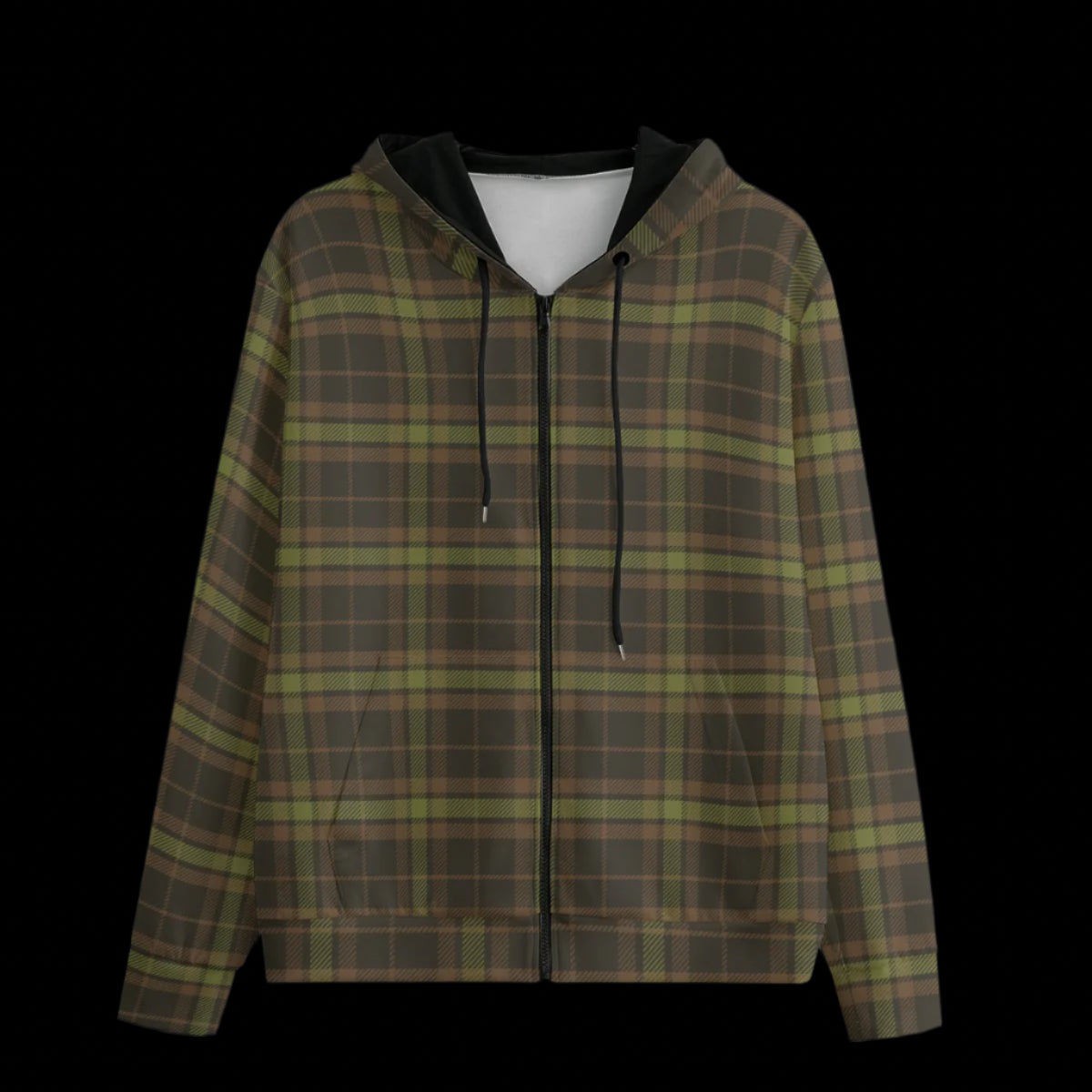 Front of black zipper hoodie with a plaid camouflage pattern on a black background