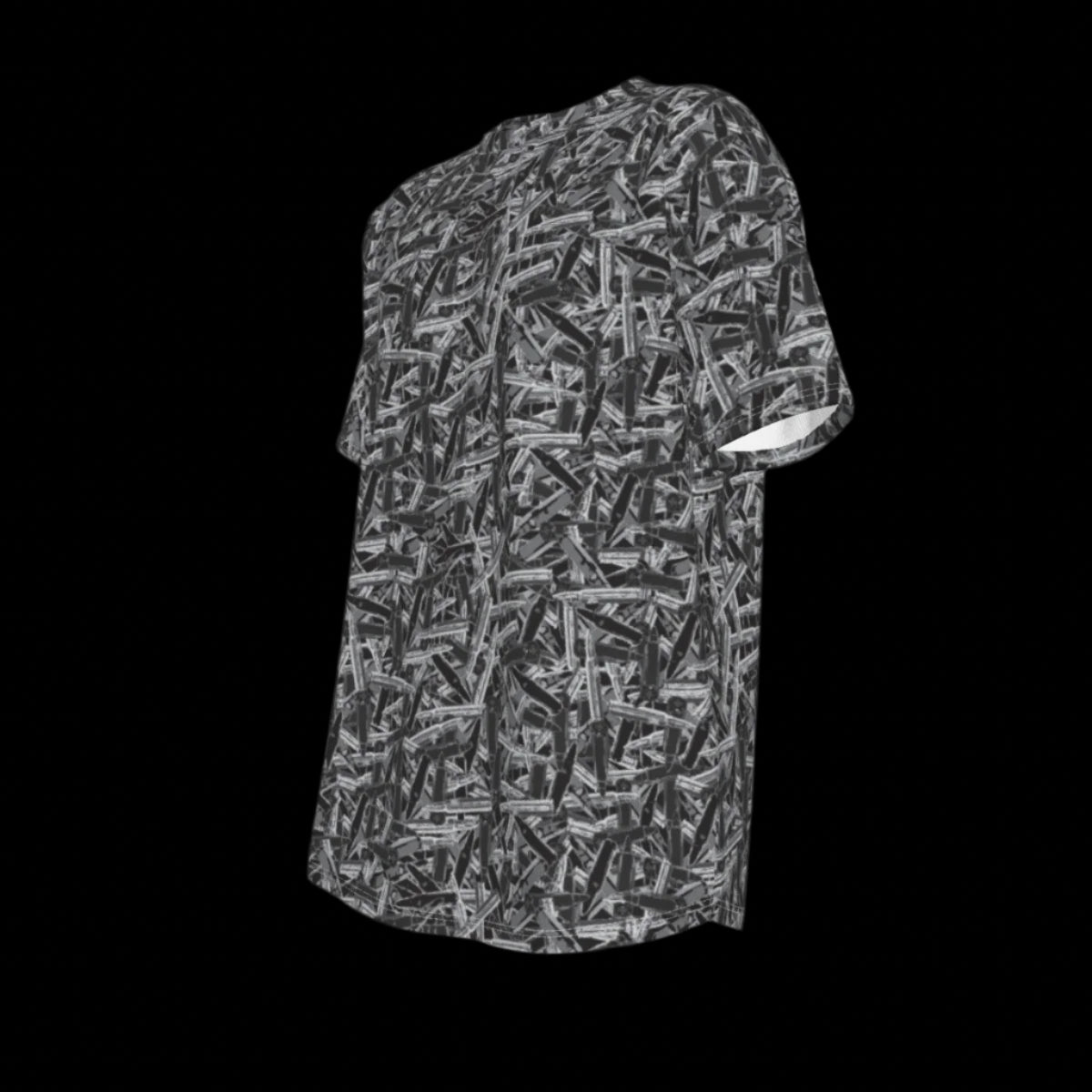 Left side of black and white patterned t-shirt on a black background