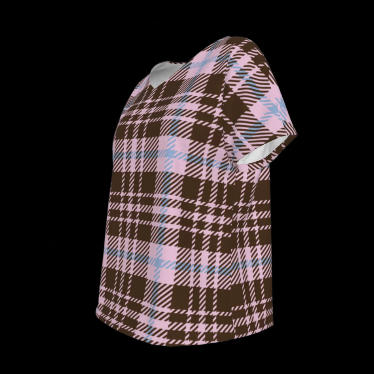 Left side of plaid patterned top on a black background