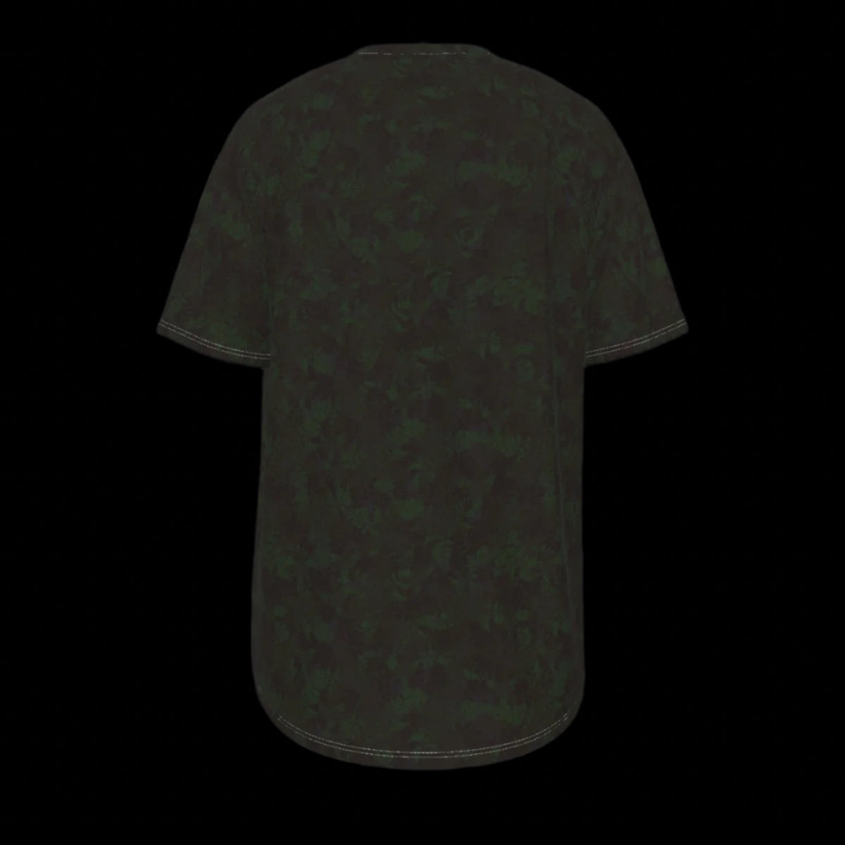 Back of black t-shirt with a subtle pattern on a black background