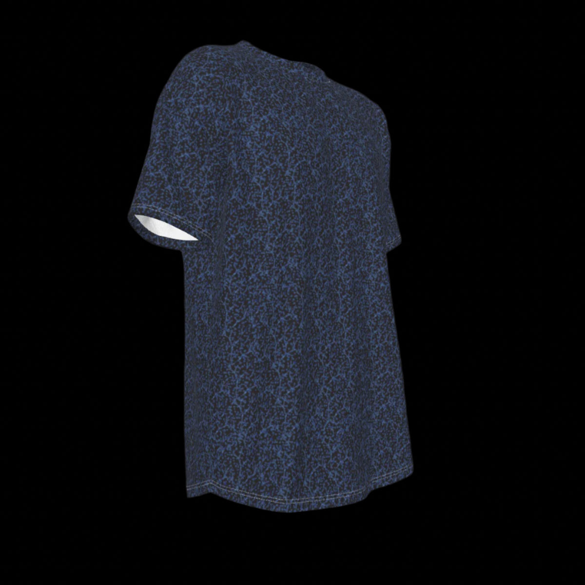 Right side of blue patterned shirt on a black background