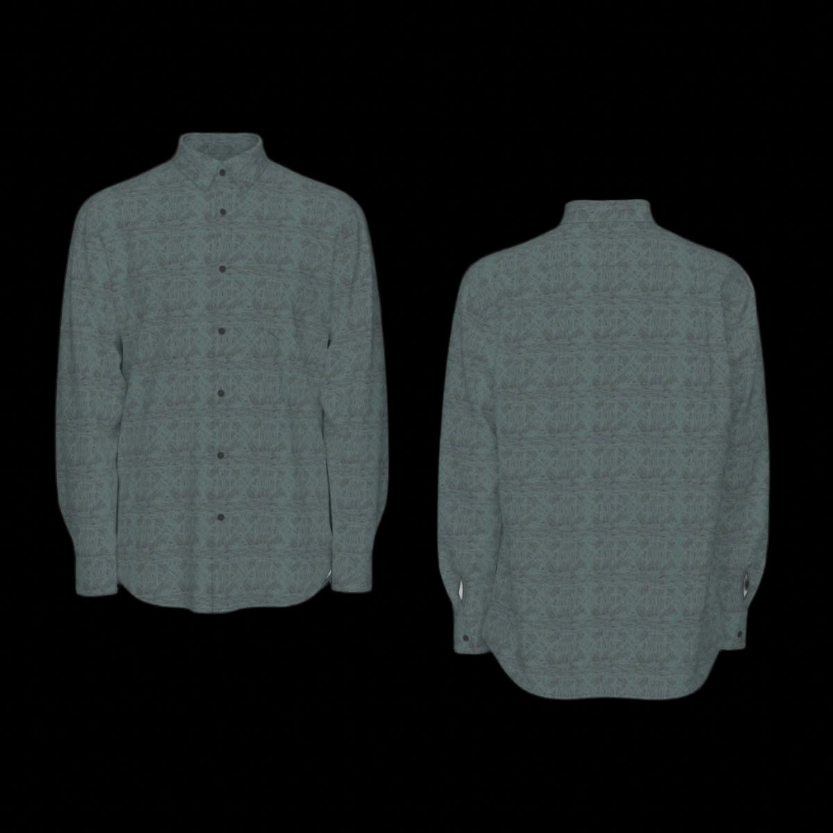 Front and back of a green textured long sleeve shirt on a black background