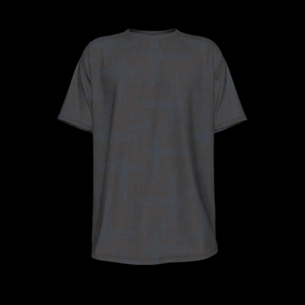 Front of black t-shirt shown from front and back on a black background