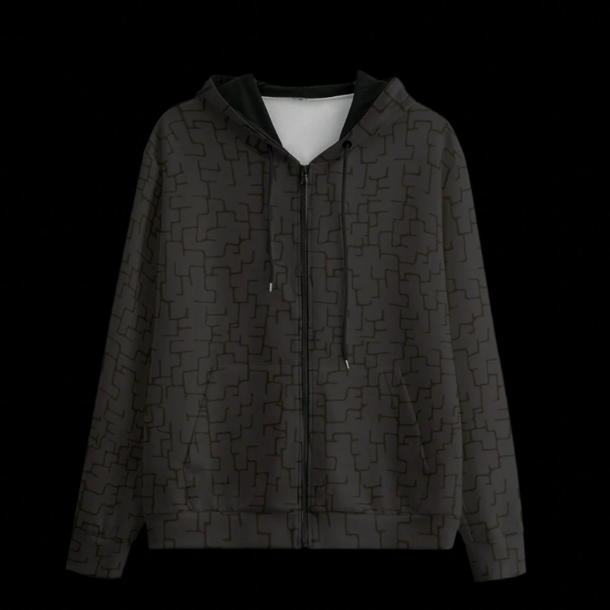 Front of a black patterned hoodie on a black background