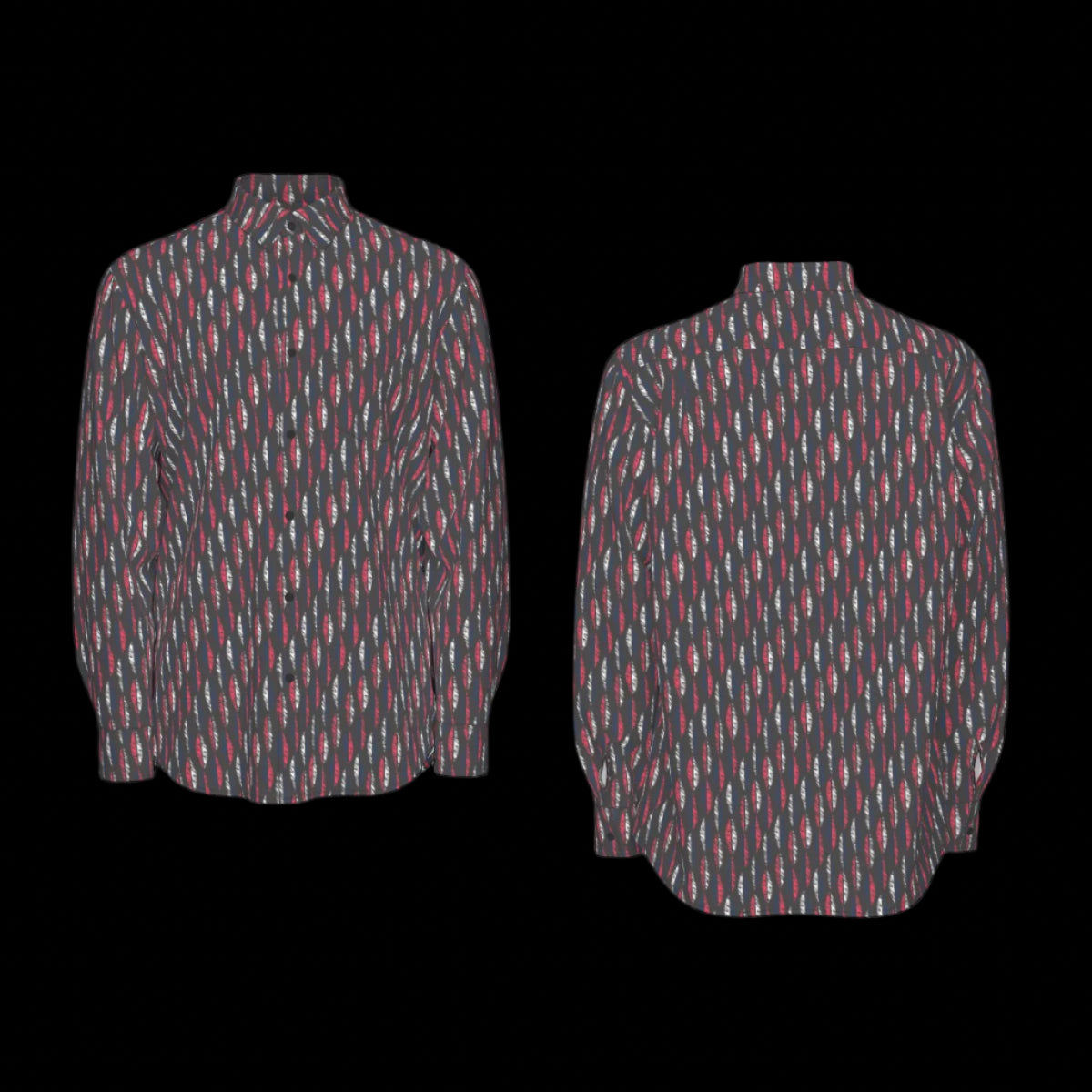 Front and back of a patterned long sleeve shirt on a black background