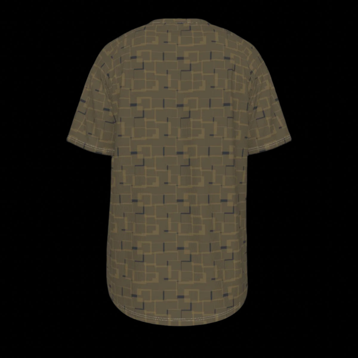 Back of green t-shirt with geometric pattern on a black background