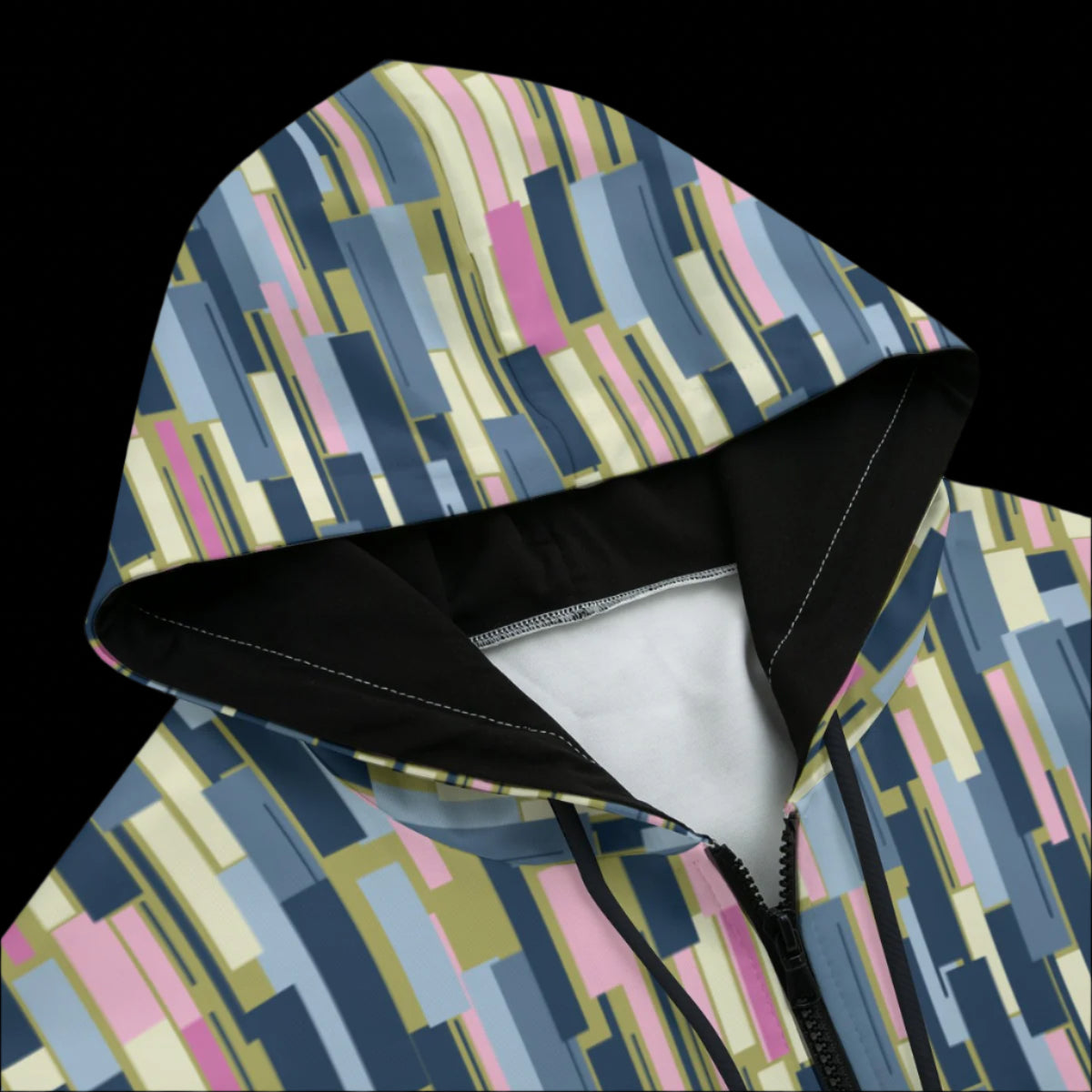 Front top Colorful geometric patterned hoodie on a black background