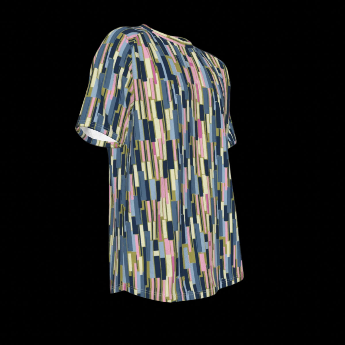 Right side of colorful geometric patterned shirt on a black background