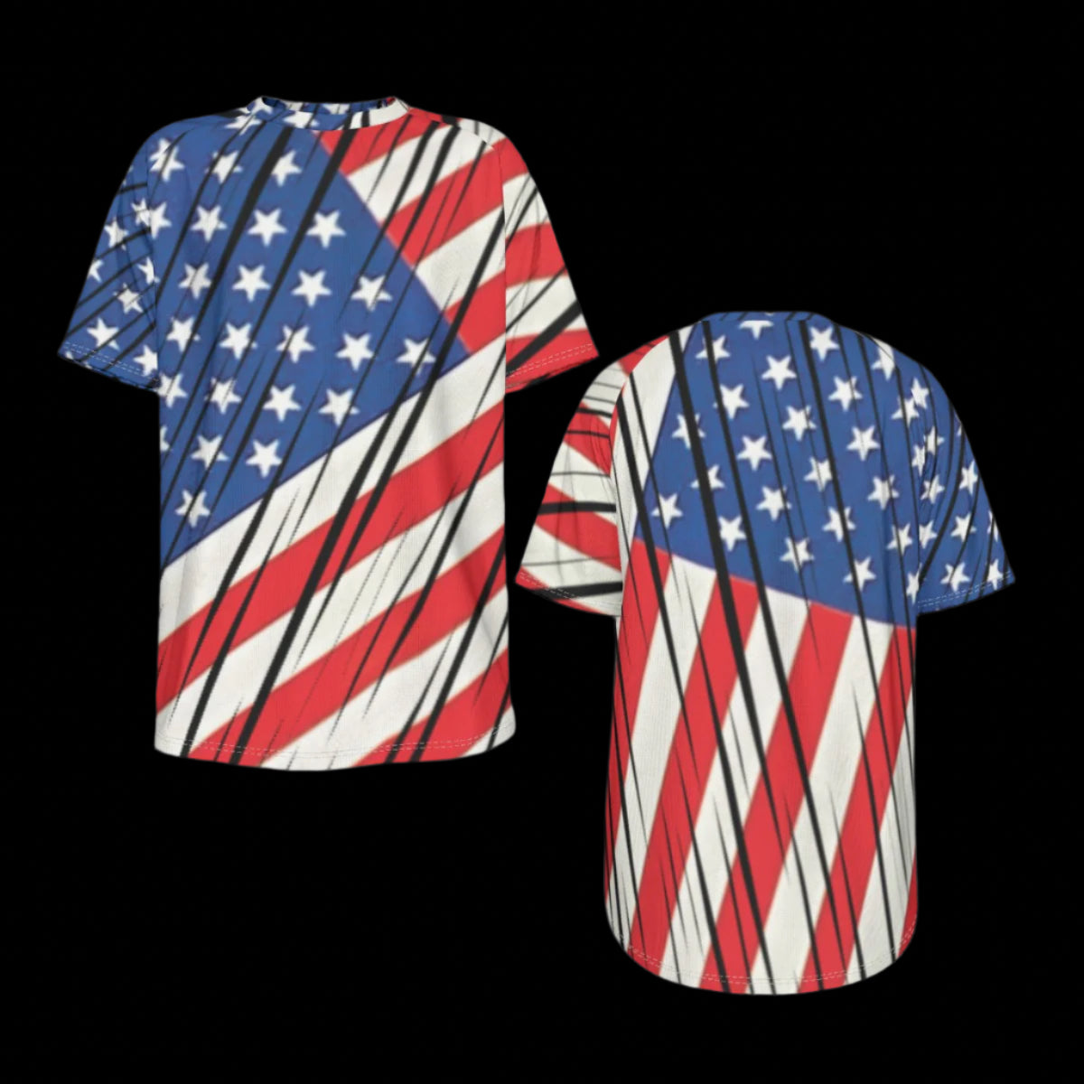 Front and back of the American flag-themed t-shirts on a black background