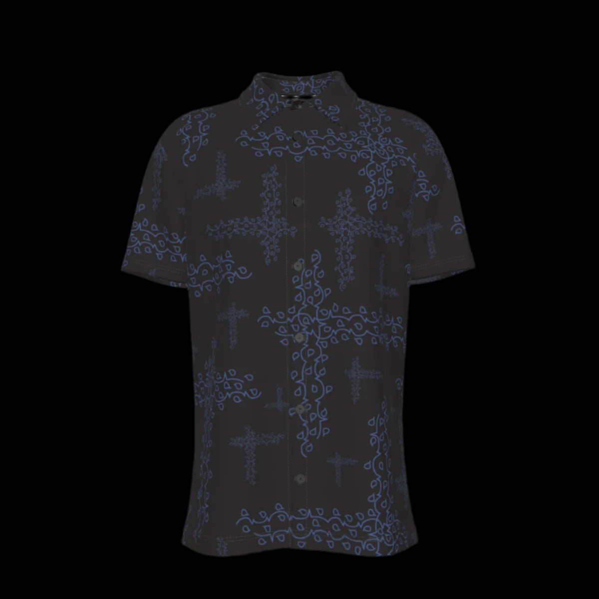 Front of black shirt with blue intricate patterns on a black background
