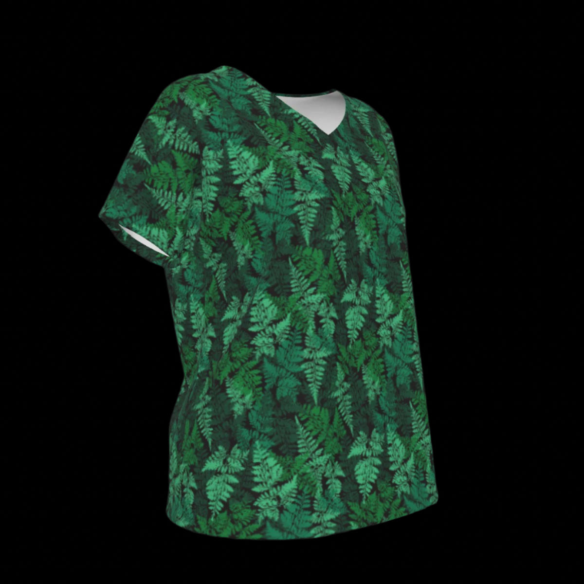 Right side of green leaf-patterned V-Neck T-shirt on a black background