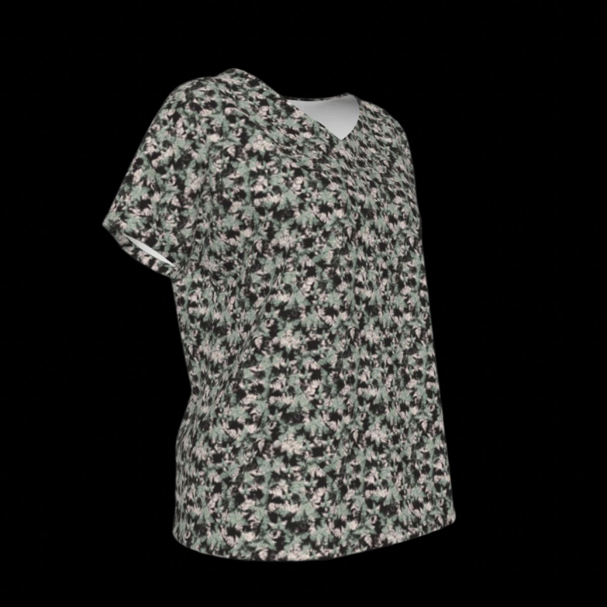 Right of floral patterned V-Neck T-shirt on a black background
